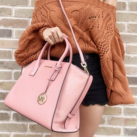 Michael Kors Avril Large Top Zip Satchel Shoulder Crossbody Bag Pink Rose Suede - Picture 2 of 6